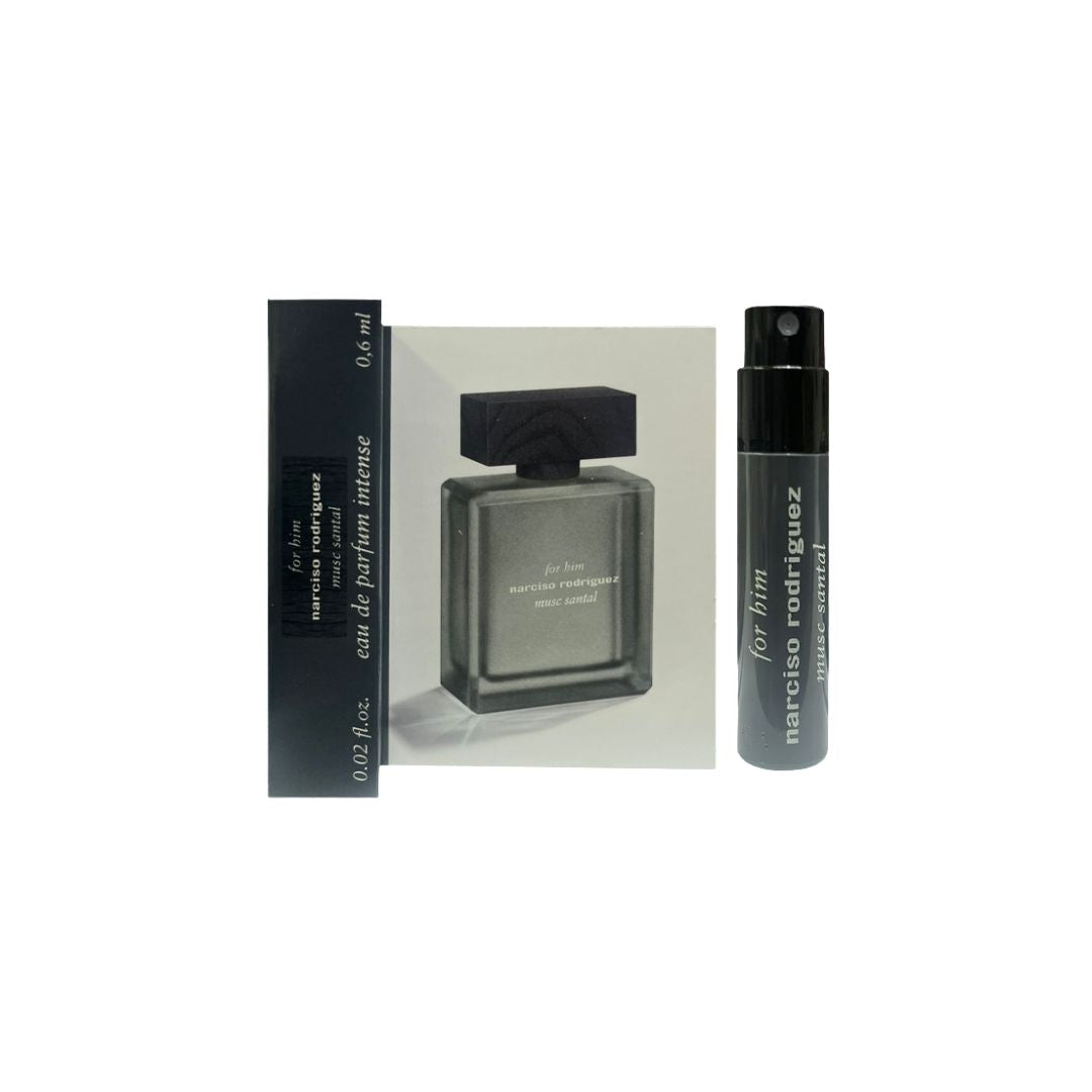 Narciso Rodriguez For Him Musc Santal EDP Intense 0.6ml sample vial, featuring a woody aromatic musk scent for men.