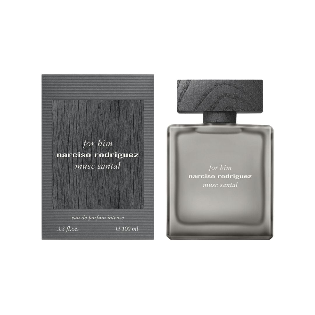 Narciso Rodriguez For Him Musc Santal EDP Intense 100ml bottle, featuring a sophisticated blend of sandalwood, cedar, and aromatic musk for men.