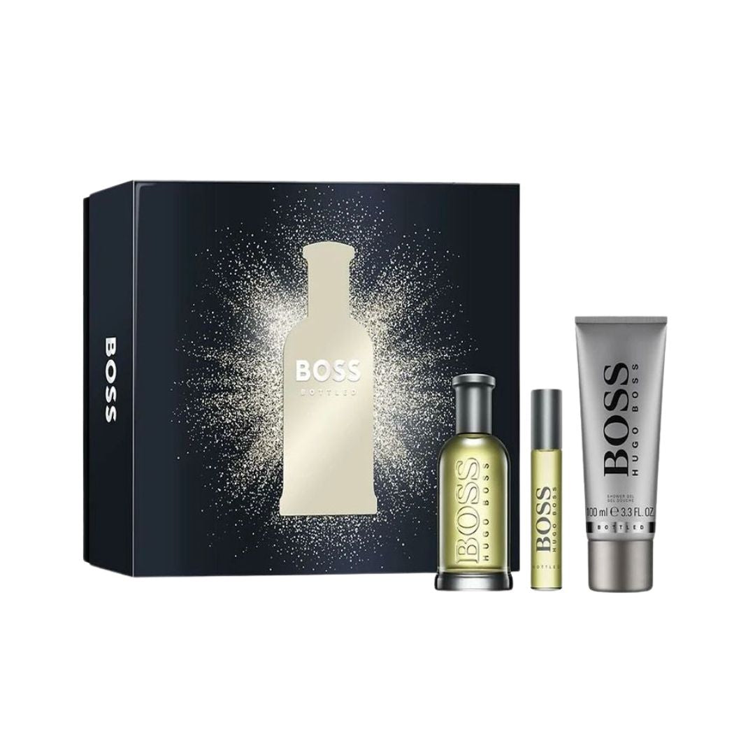 Hugo Boss Boss Bottled 100ml EDT 3 Piece Gift Set, featuring the iconic bottle, shower gel, and mini spray, in an elegant gift box in NZ