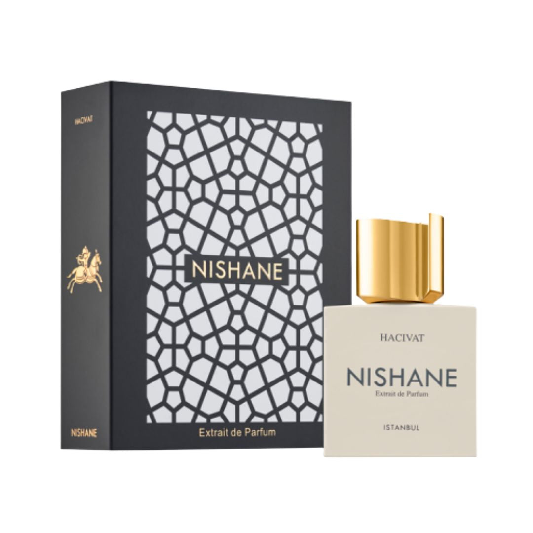 Nishane Hacivat Extrait De Parfum 100ml, an elegant, clear glass bottle with a minimalist label and gold cap, suggesting an intense, bright citrus-chypre scent with potent projection.