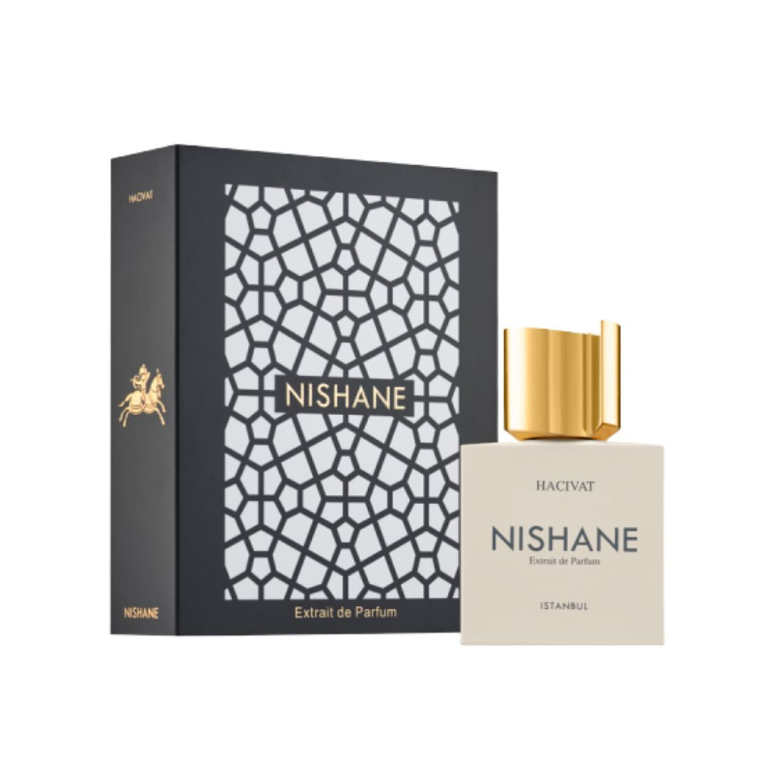 Nishane Hacivat Extrait De Parfum 50ml, an elegant, clear glass bottle with a minimalist label and gold cap, suggesting an intense, bright citrus-chypre scent with potent projection.