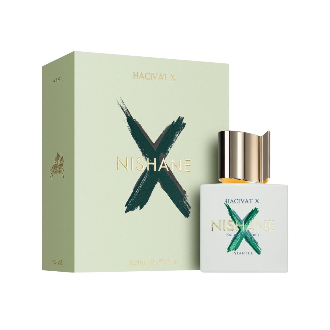 Nishane Hacivat X Extrait De Parfum 50ml, an elegant, black and white labelled niche bottle with a subtle golden liquid, suggesting a bright, spicy-citrus, and intensely fresh woody scent.
