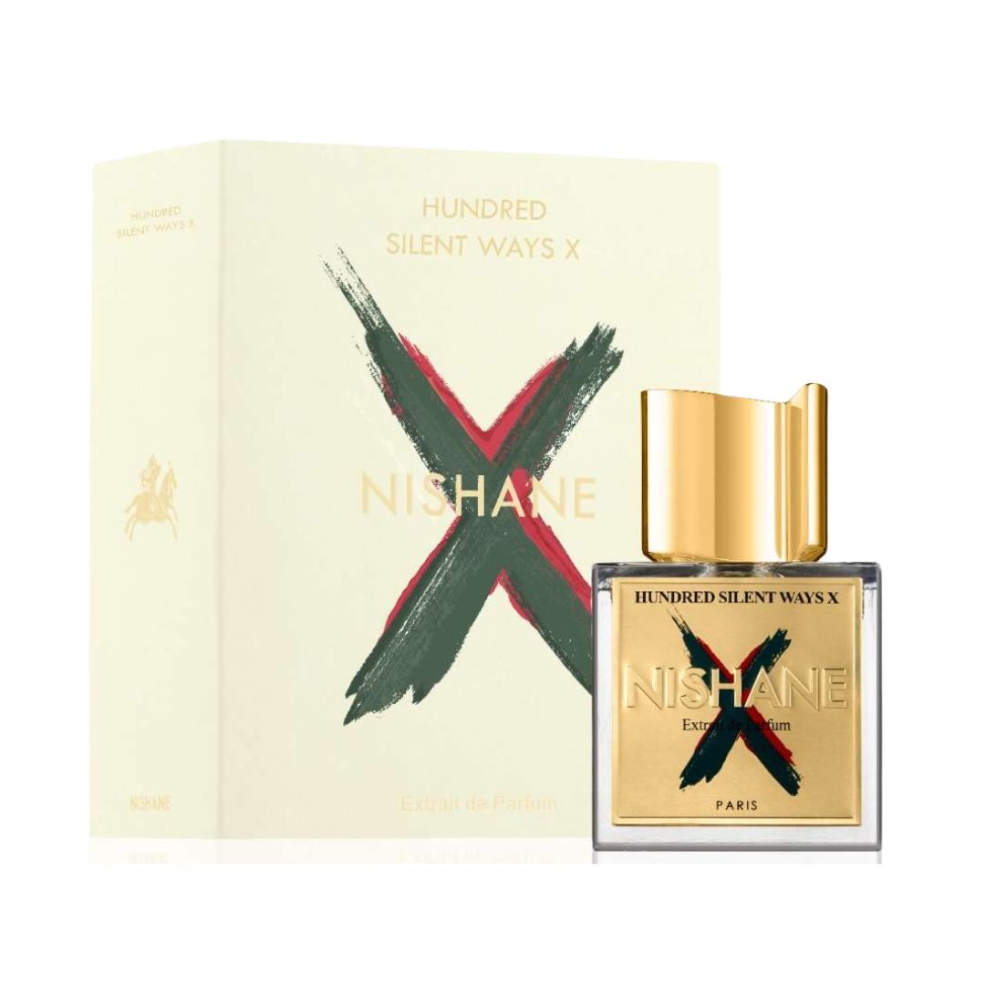 Nishane Hundred Silent Ways X Extrait De Parfum 100ml, an elegant niche glass bottle with a minimalist label, suggesting a sophisticated, deep, and creamy floral scent with a rich leather base.