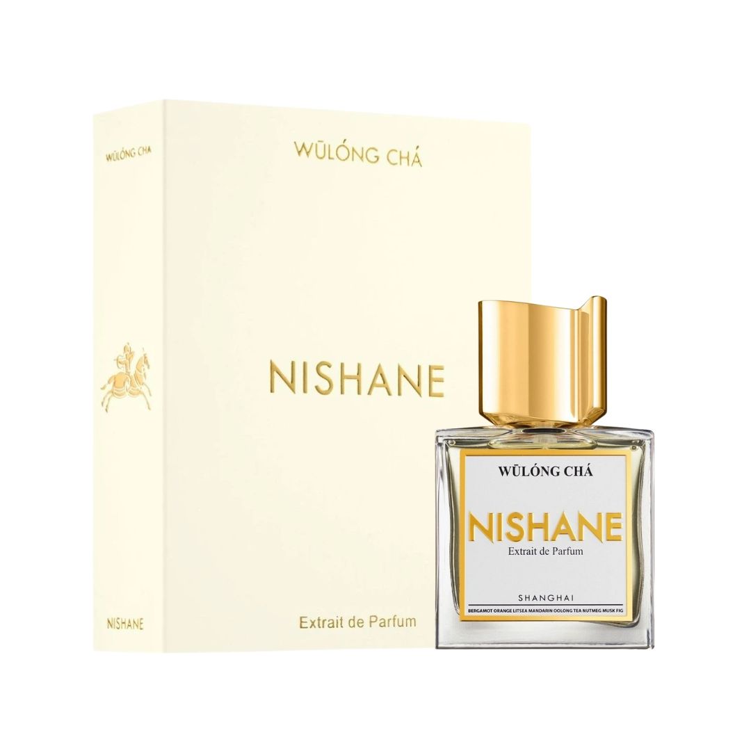 Nishane Wulong Cha Extrait De Parfum 100ml, a minimalist niche glass bottle with a clear liquid, suggesting a vibrant, aromatic citrus and green oolong tea scent, perfect for daytime.