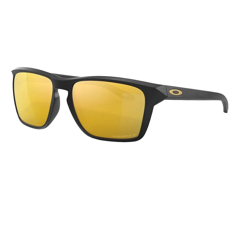Oakley Sylas 24K Gold Polarized Sunglasses front view, matte black frame, Prizm™ lenses