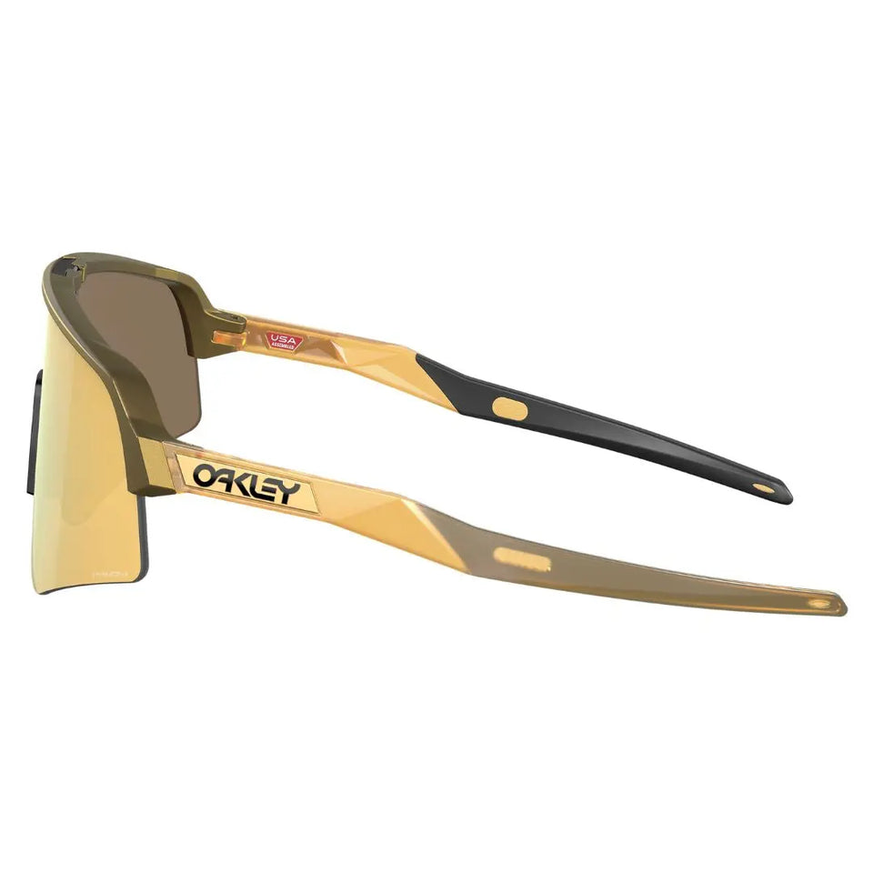 Side profile of Oakley Sutro Lite Sweep showing matte brass temples with black Unobtainium accents - Gadgets Online NZ