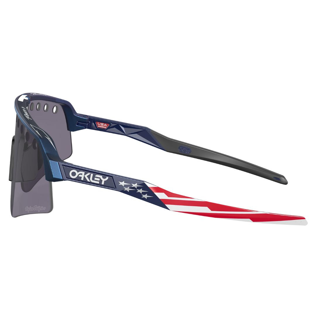 Side view of Oakley TLD Sutro Lite Sweep showing Stars and Stripes graphic on navy temples - Gadgets Online NZ