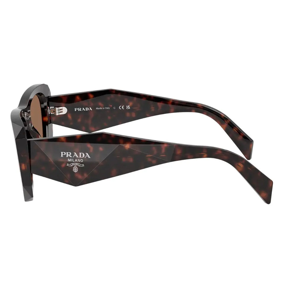 Side view of Prada PR B18S showing wide faceted Havana temples with silver Prada Milano logo - Gadgets Online NZ