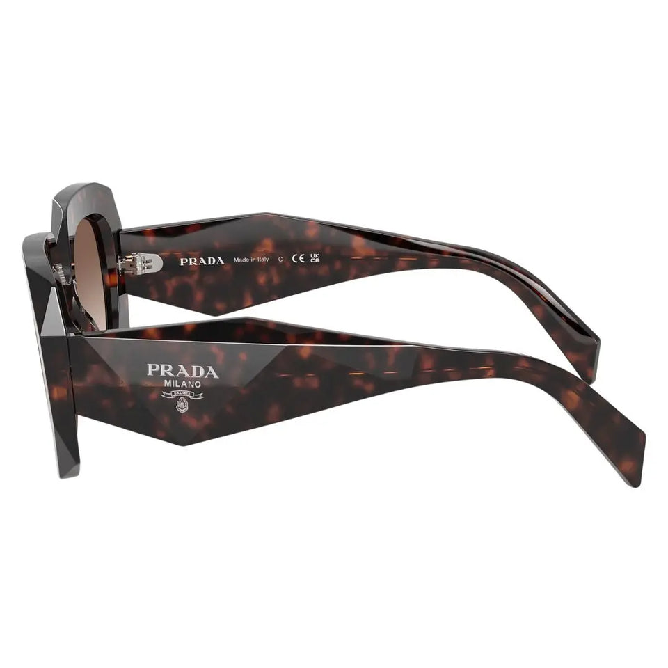 Side view of Prada PR B23S Havana sunglasses showing wide faceted temples and silver triangular logo - Gadgets Online NZ