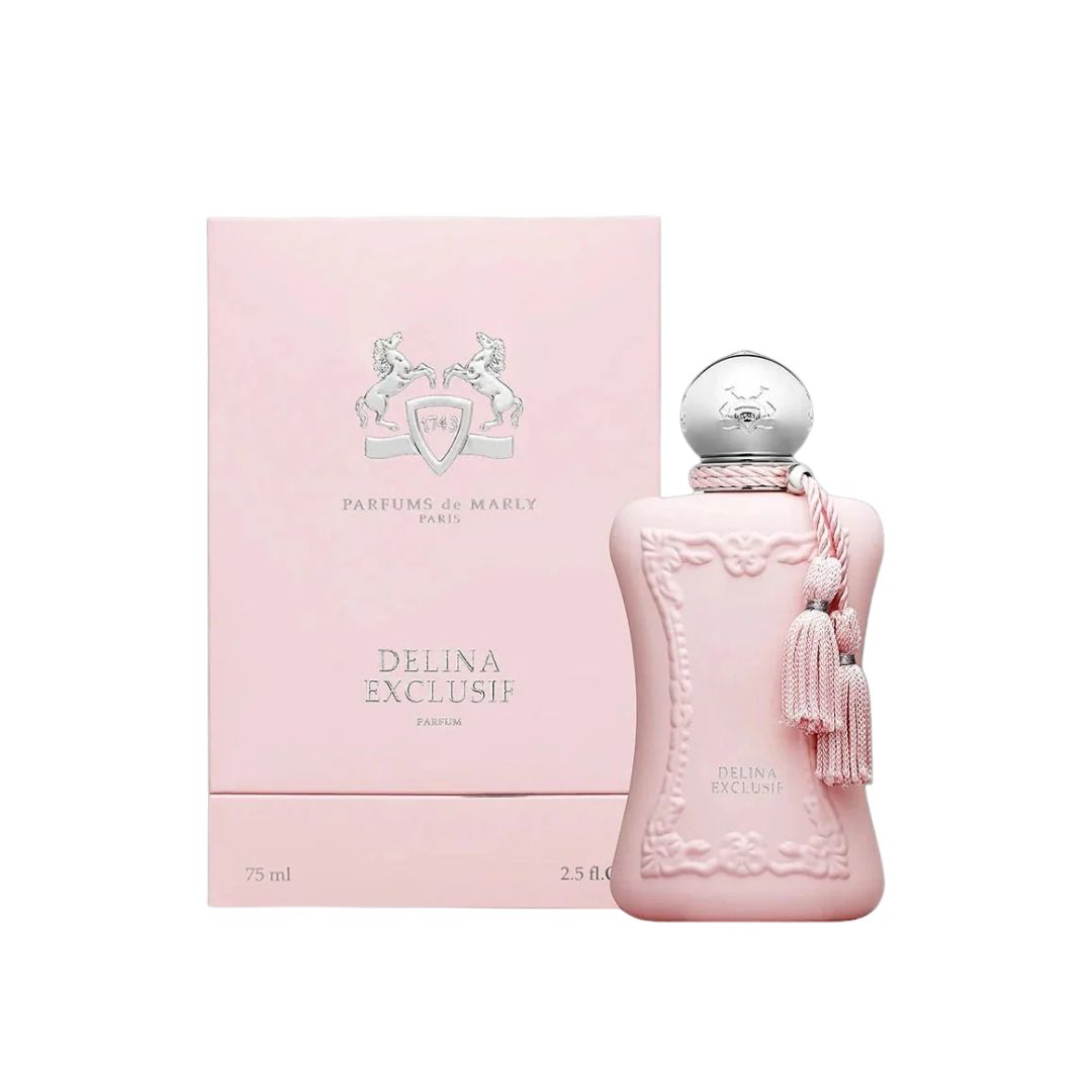 Parfums De Marly Delina Exclusif 75ml Parfum, a luxurious pink bottle with a gold cap and elegant ribbon, suggesting a rich, intense, and opulent feminine fragrance.