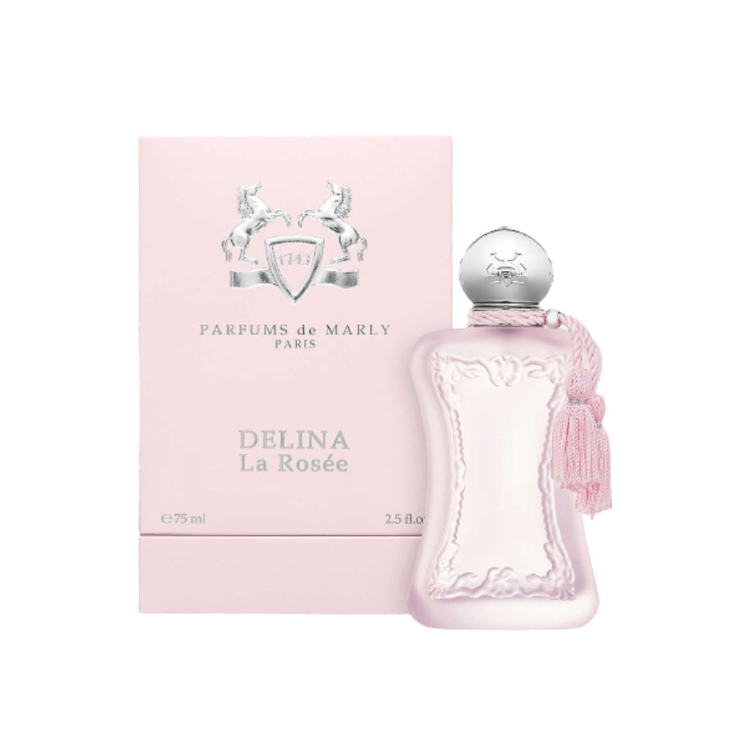 Parfums De Marly Delina La Rosée 75ml EDP, a luxurious pale pink bottle with a ribbon, suggesting a fresh, delicate, and dewy floral feminine fragrance.