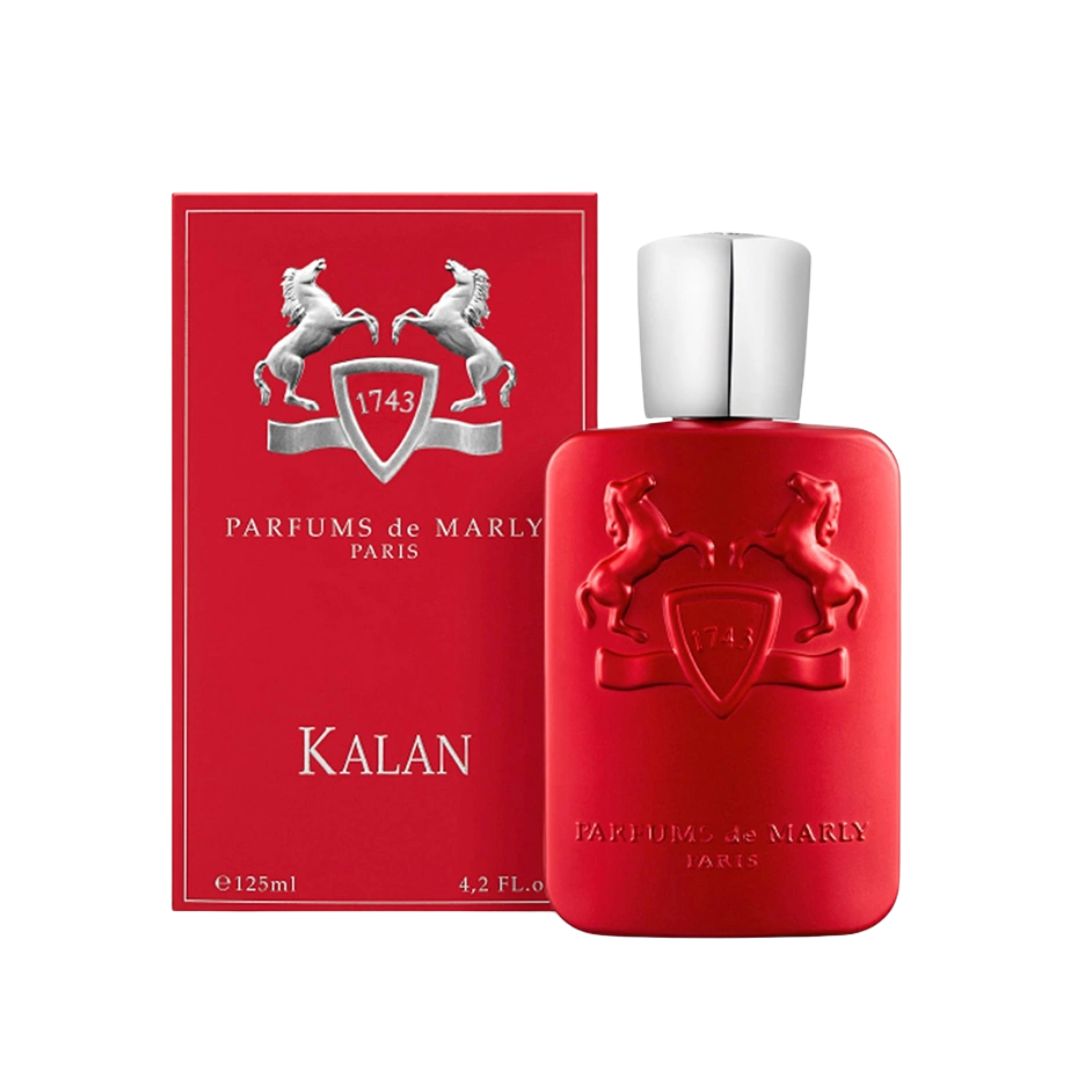 Parfums De Marly Kalan 125ml EDP, a luxurious deep red bottle with a silver cap and plaque, suggesting a fiery, spicy, and intense oriental fragrance.