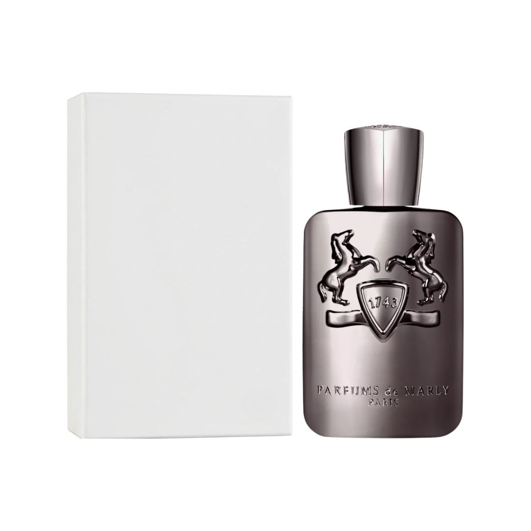 Parfums de Marly Herod EDP 125ml Tester bottle in a metallic dark gray finish with a silver cap, shown next to its plain white box on a white background.