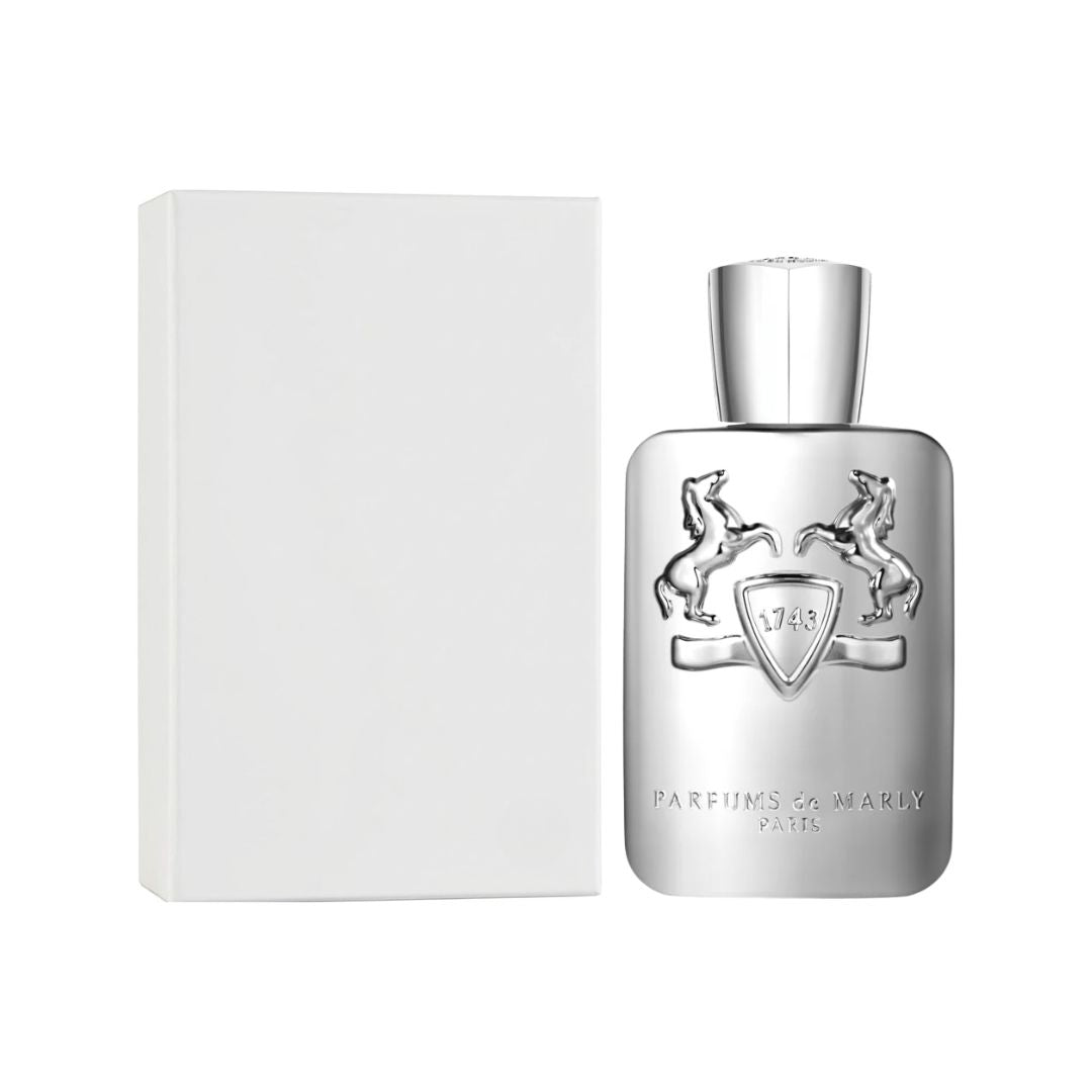 A silver metallic Parfums de Marly Pegasus EDP 125ml Tester bottle with a matching silver cap stands next to a plain white rectangular box on a white background. The bottle features an embossed crest with two rearing horses and the text 'PARFUMS DE MARLY PARIS'.