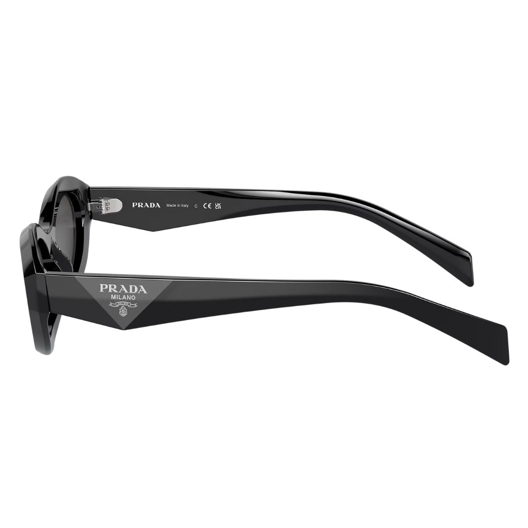 Side view of Prada PR 26ZS black sunglasses showing wide temples and silver triangular Prada logos - Gadgets Online NZ