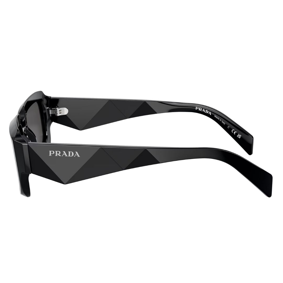 Side view of Prada PR 27ZS showing thick faceted black temples with silver Prada logo - Gadgets Online NZ