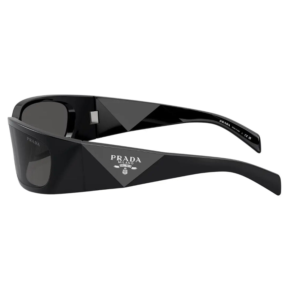 Side view of Prada PR A14S showing wide faceted temples with silver Prada Milano branding - Gadgets Online NZ