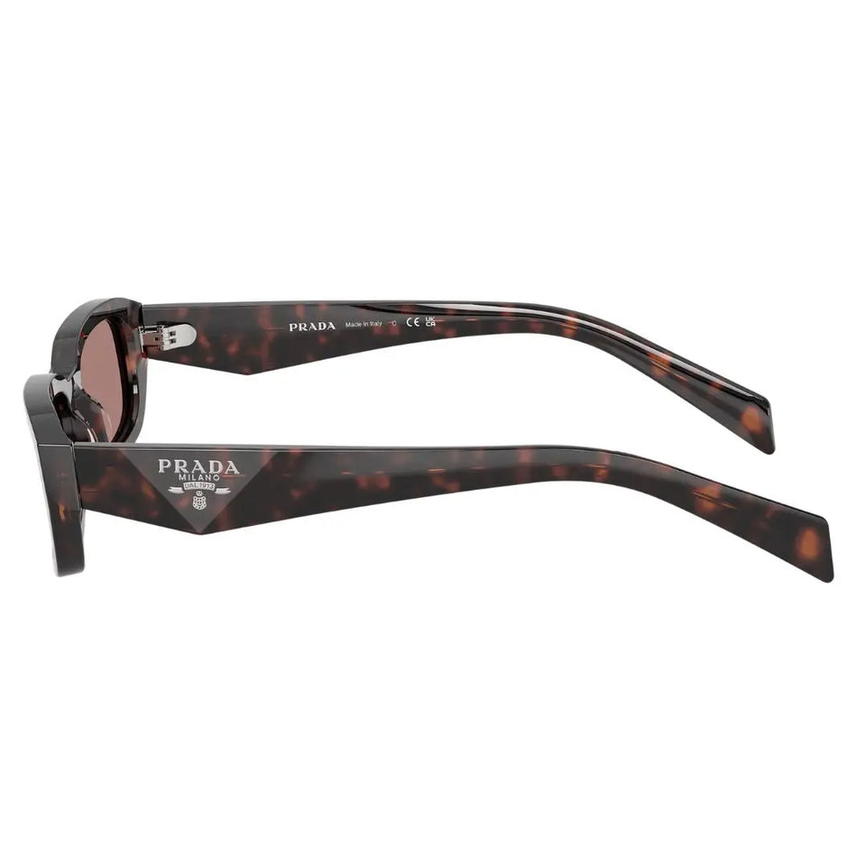 Side view of Prada PR B06S showing wide faceted Havana temples with silver Prada Milano logo - Gadgets Online NZ