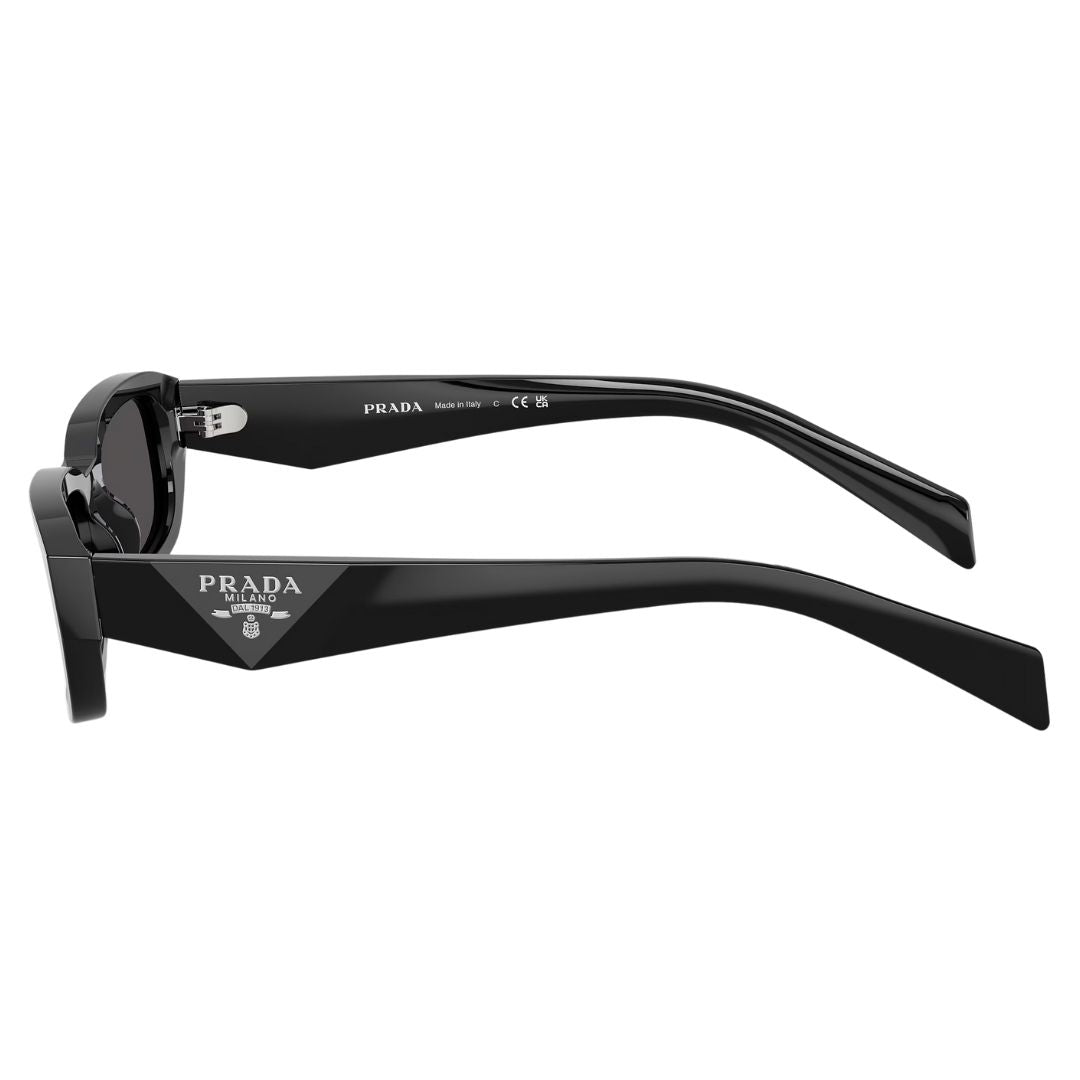 Side view of Prada PR B06S showing wide faceted black temples with silver Prada Milano logo - Gadgets Online NZ