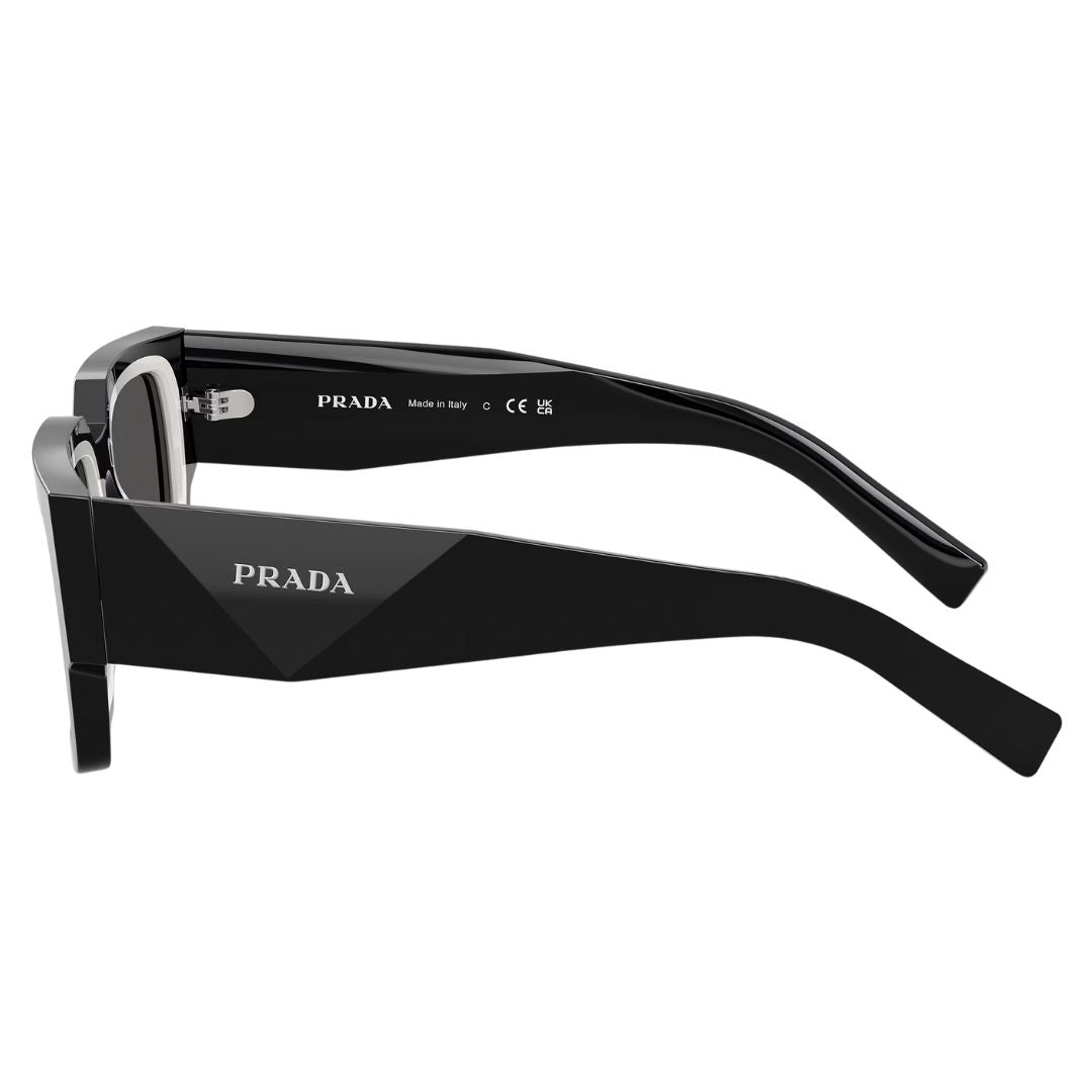 Side view of Prada PR B17S sunglasses showing wide faceted black temples with white inner accents - Gadgets Online NZ