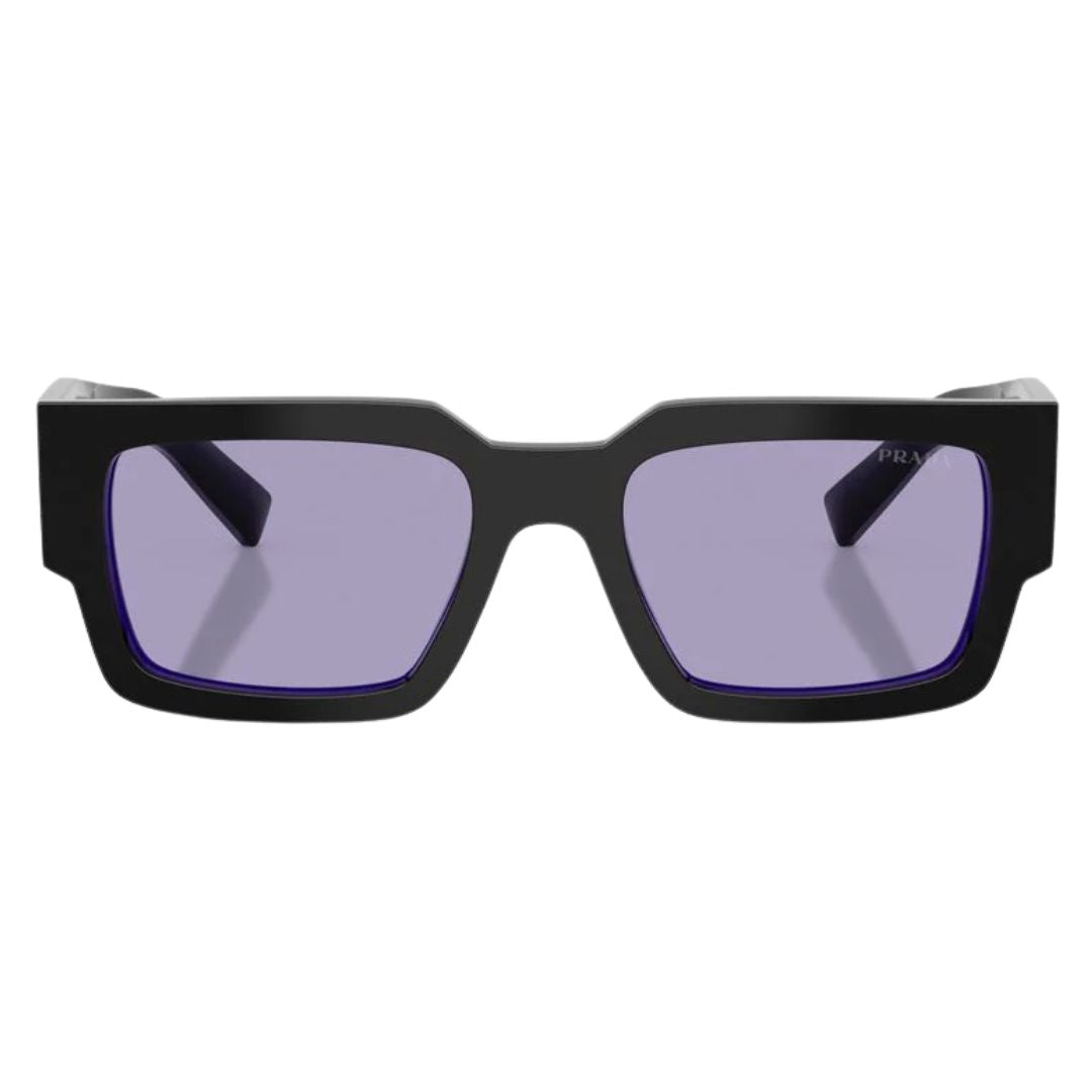 Front view of Prada PR B17S 16K01O featuring a bold rectangular black acetate frame and violet lens - Gadgets Online NZ