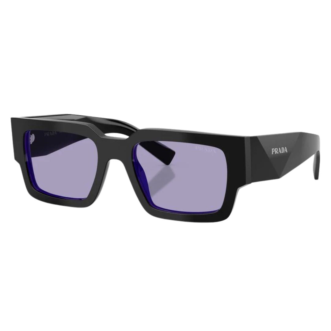 Prada PR B17S 16K01O sunglasses in black with violet lenses and faceted geometric Symbole temples - Gadgets Online NZ