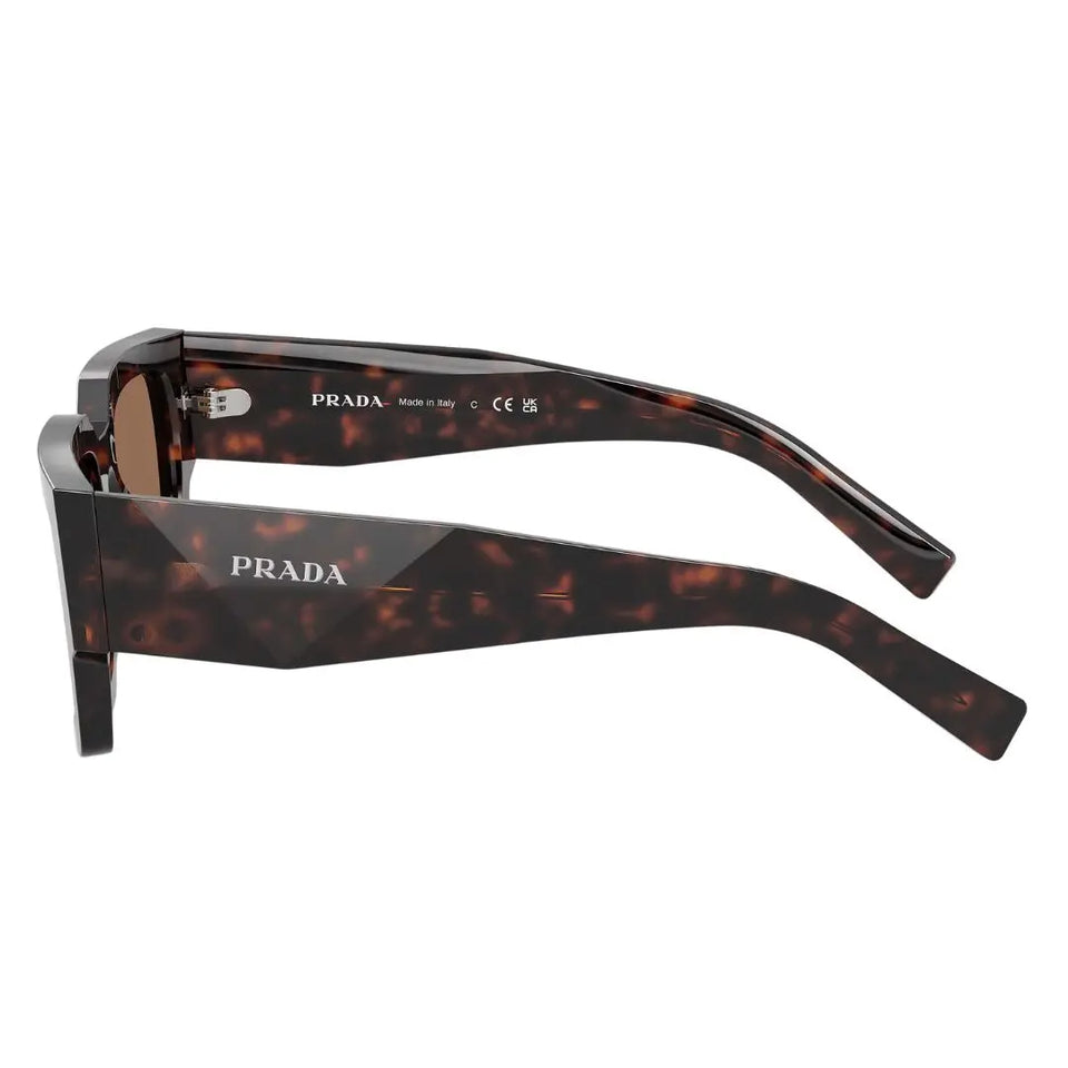 Side view of Prada PR B17S sunglasses showing wide faceted Havana temples with silver Prada logo - Gadgets Online NZ
