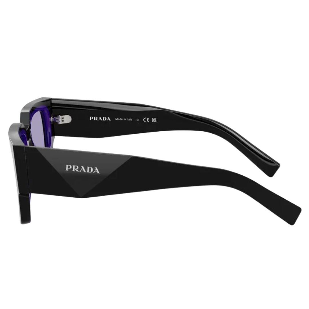 Side view of Prada PR B17S sunglasses showing wide faceted black temples with silver Prada logo - Gadgets Online NZ