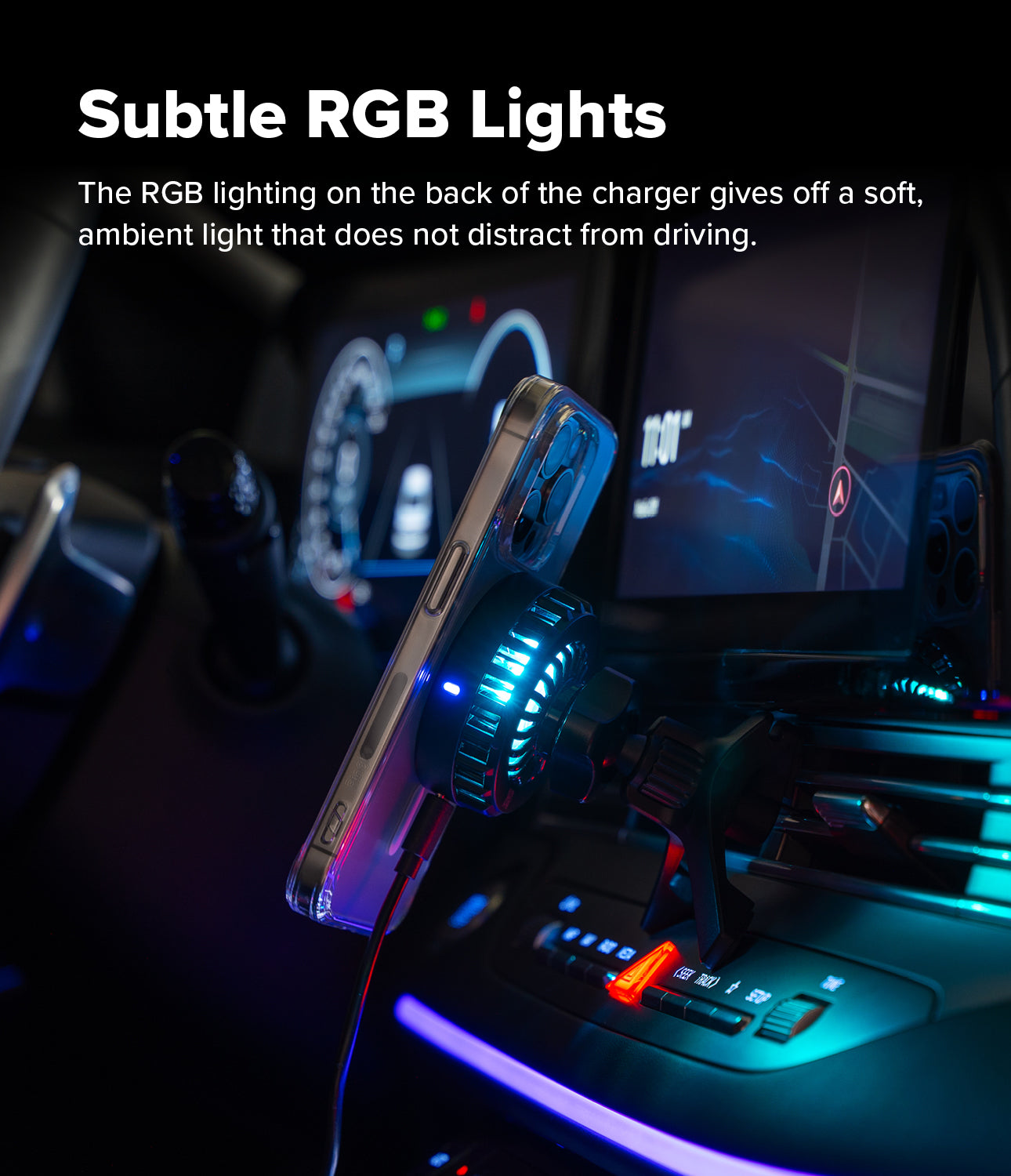 Car charger with RGB lighting on a car dashboard