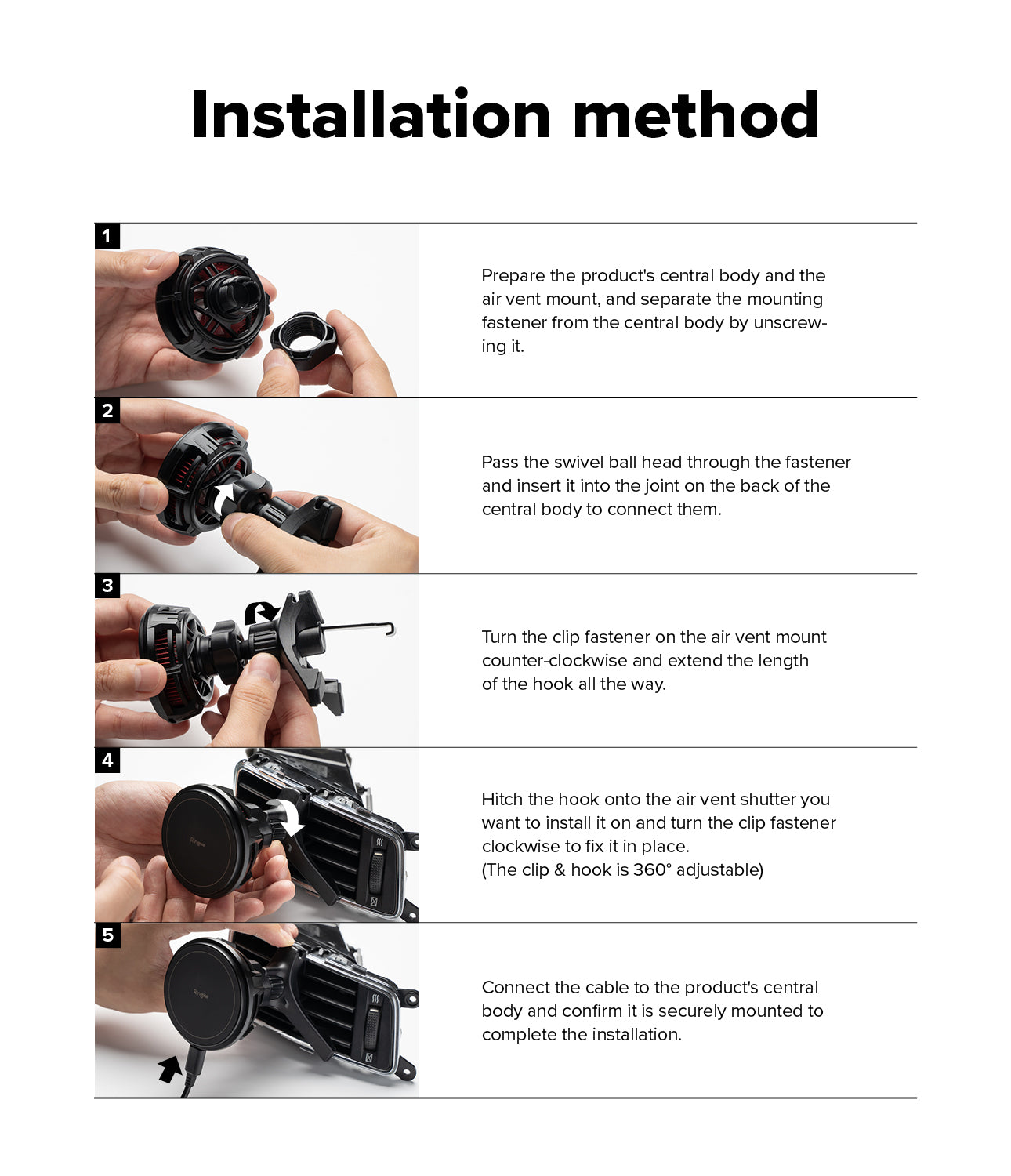 Step-by-step installation guide for a product with hands performing each step.