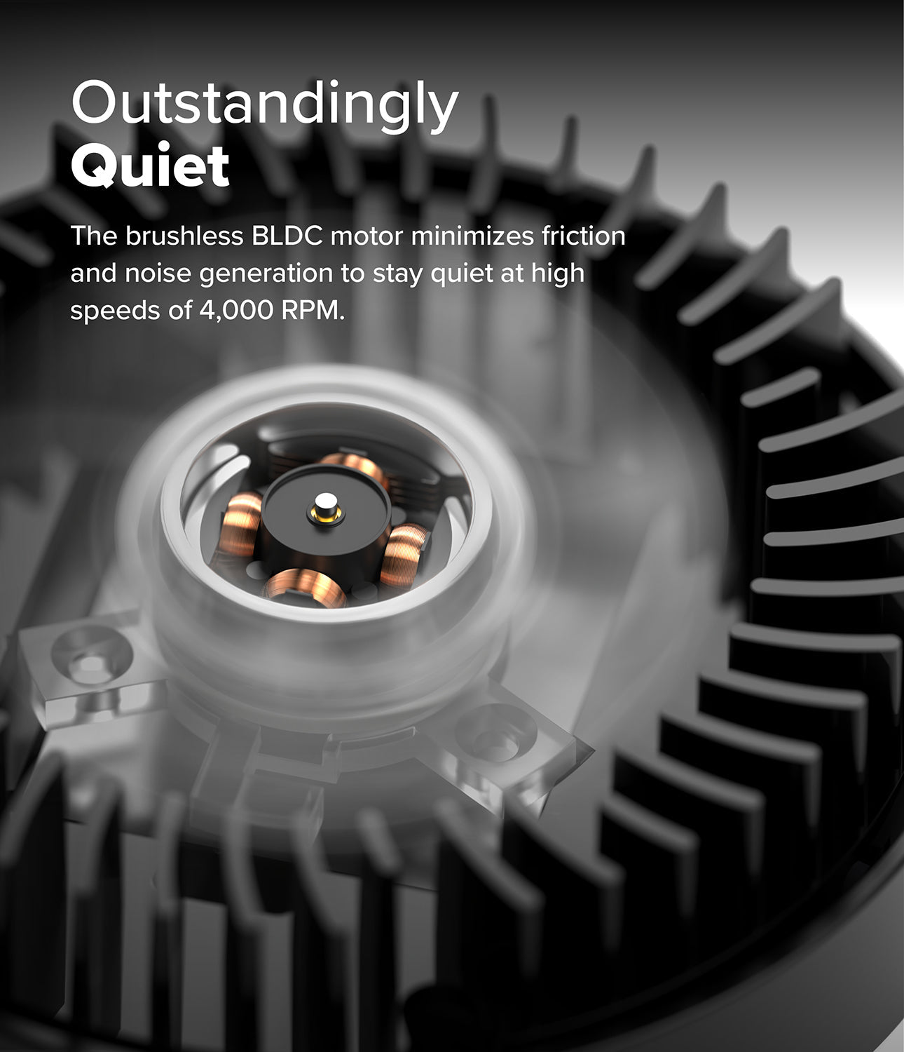 Brushless BLDC motor with text highlighting its quiet operation at high speeds.