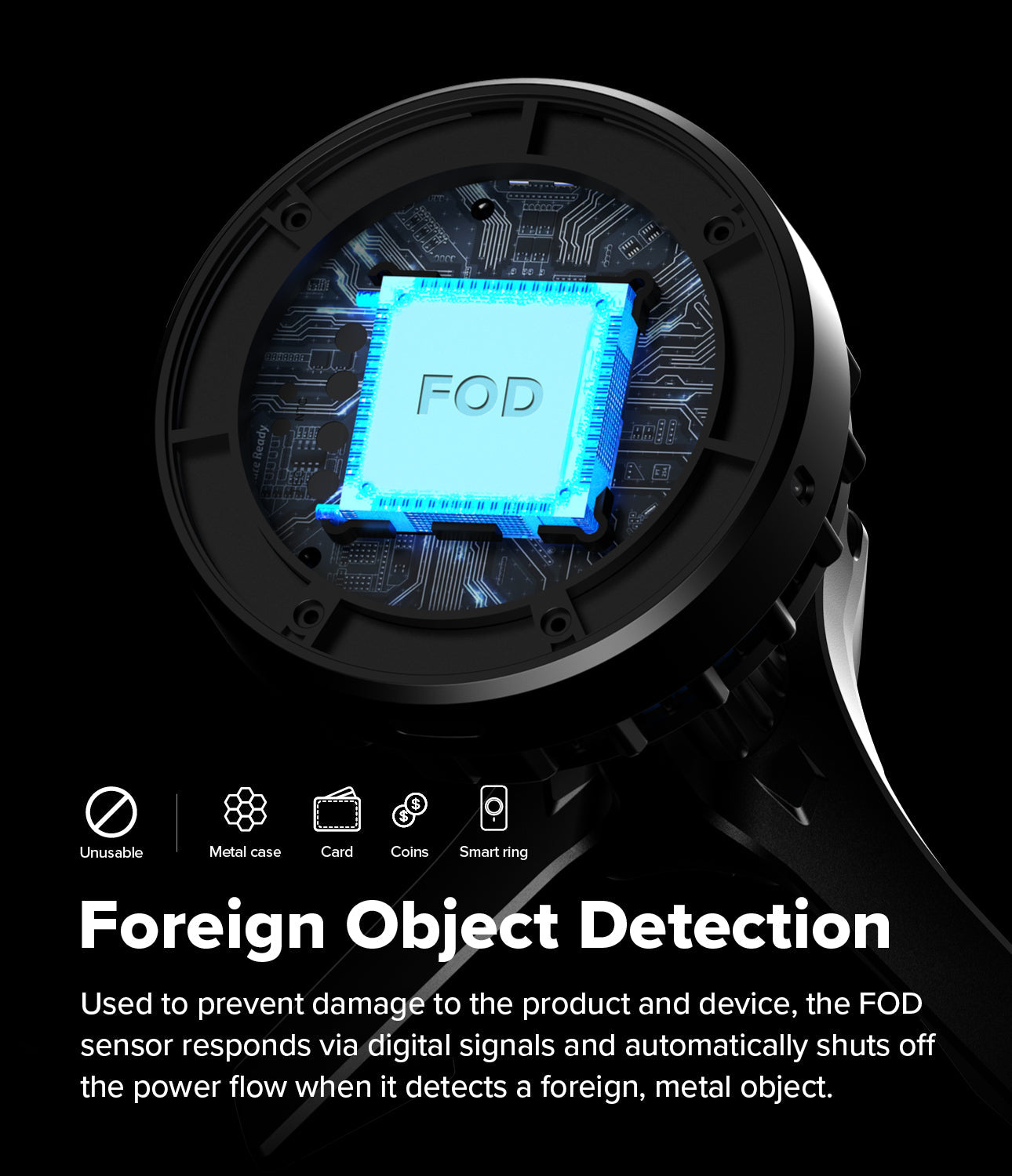 Foreign Object Detection (FOD) sensor with digital display on a black background