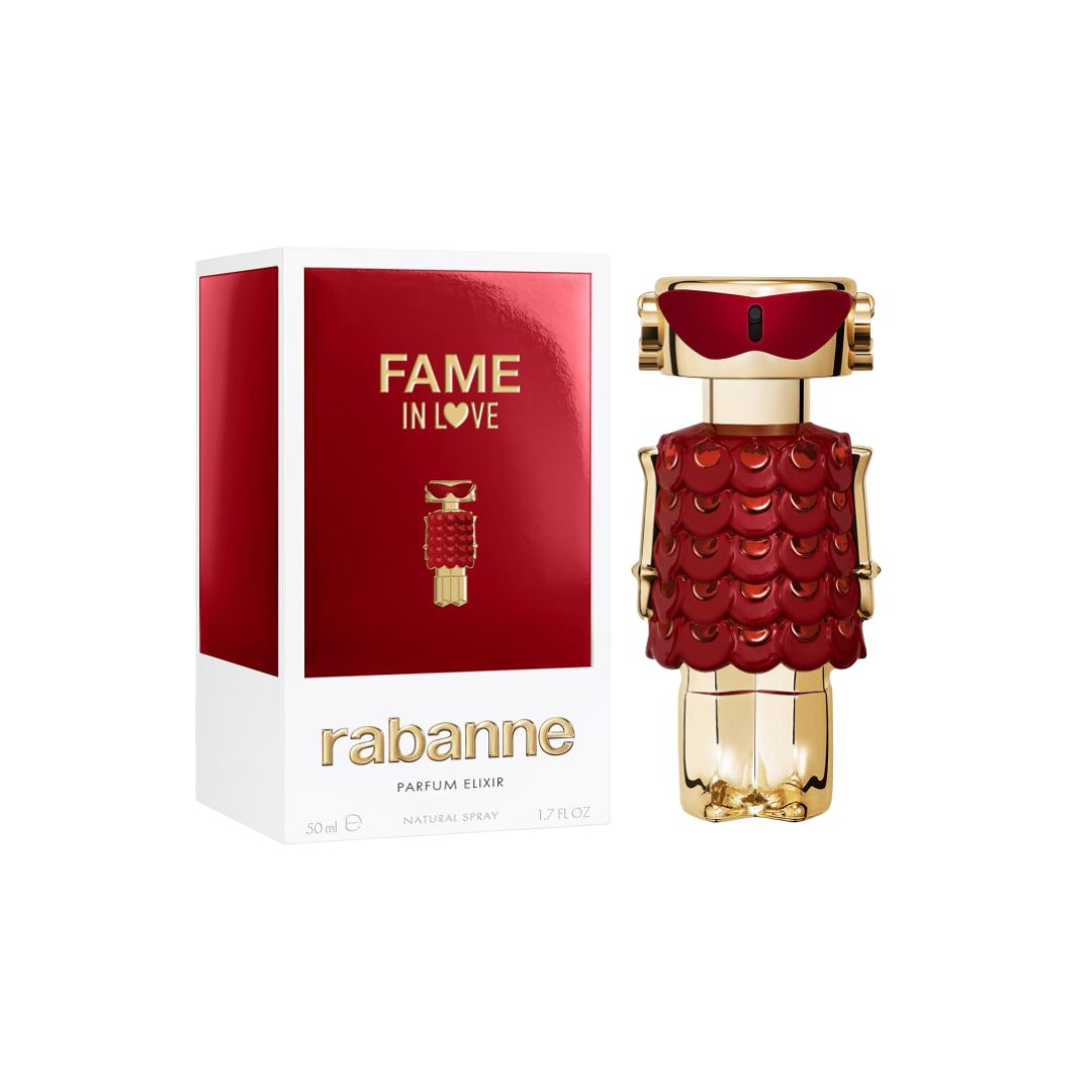 Rabanne Fame In Love Parfum Elixir 50ml perfume bottle and packaging on a white background - Gadgets Online NZ ltd