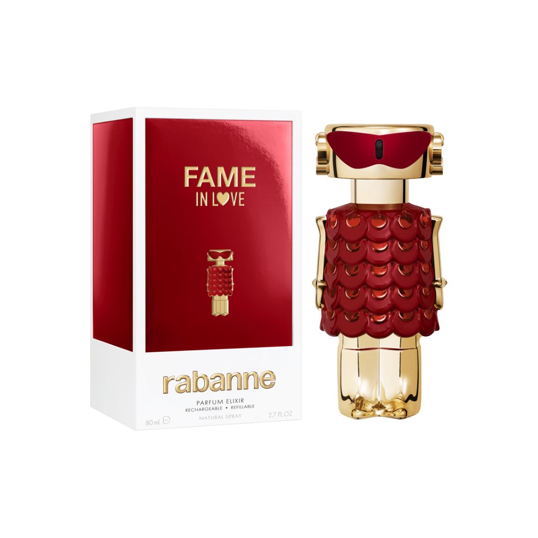 Rabanne Fame In Love Parfum Elixir 80ml perfume bottle and packaging on a white background - Gadgets Online NZ ltd