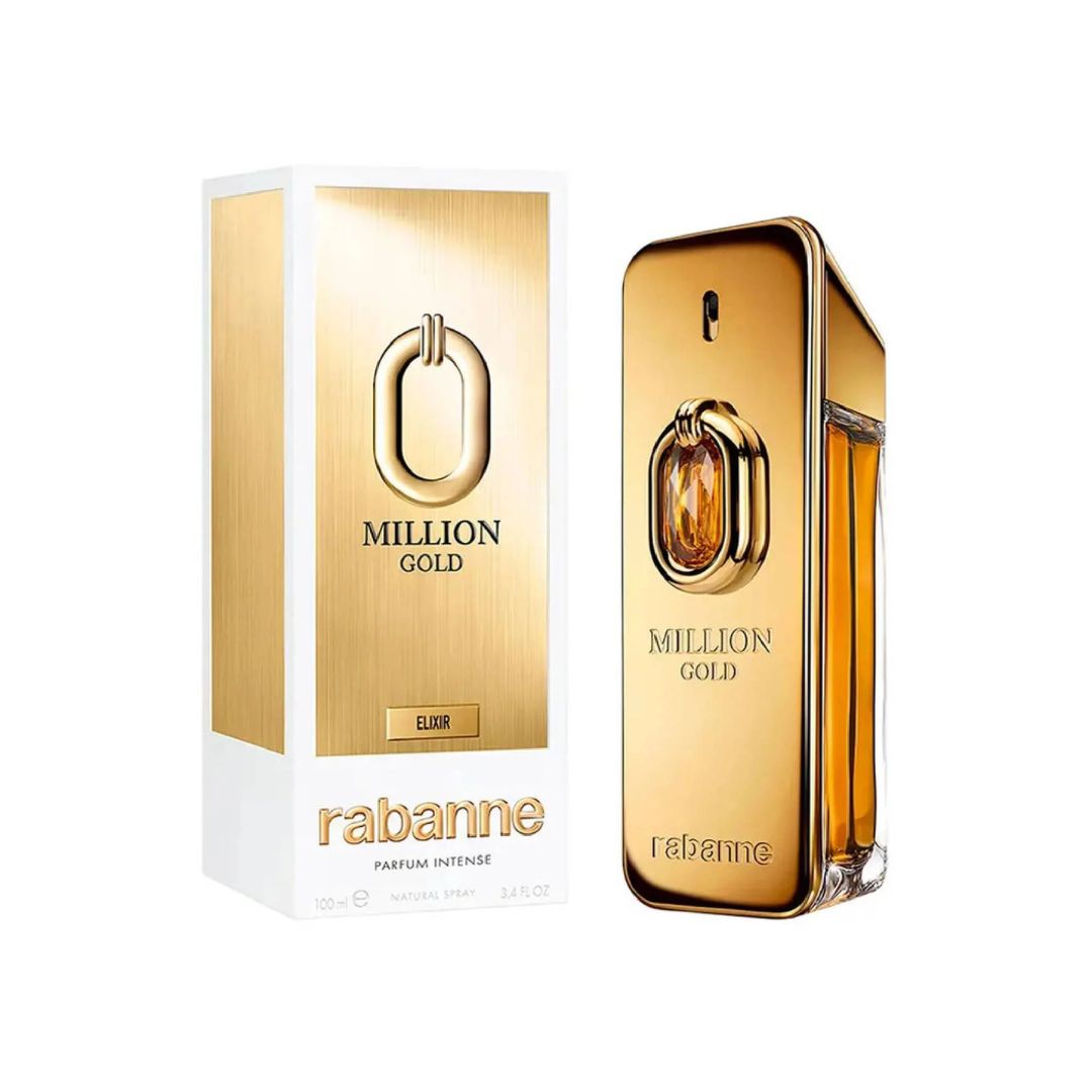 Rabanne Million Gold Elixir Parfum Intense 100ml, an iconic gold ingot-shaped bottle adorned with a striking amber gemstone, suggesting a rich, warm oriental-vanilla scent.