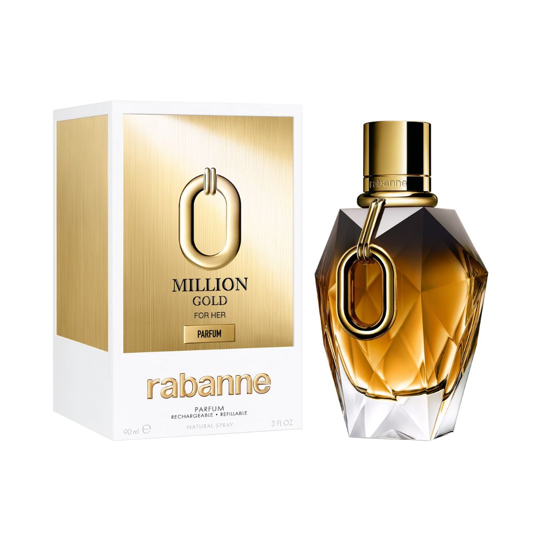 A stunning, multi-faceted golden bottle of Rabanne Million Gold Parfum 90ml, reflecting light and suggesting a rich, dazzling white floral and amber scent.