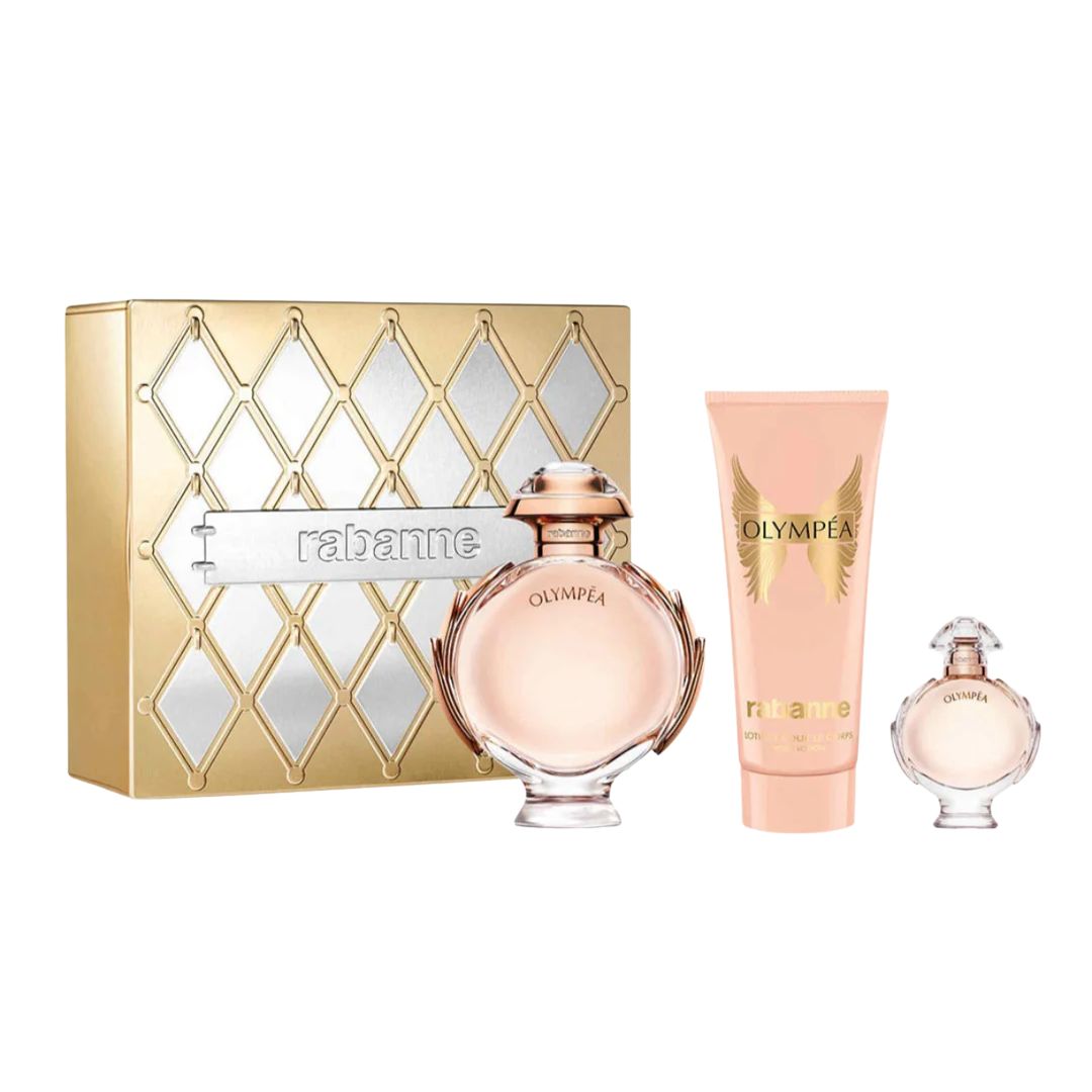 Rabanne Olympea 80ml EDP 3 Piece Gift Set, featuring the iconic bottle, a body lotion, and a miniature in an elegant gift box.