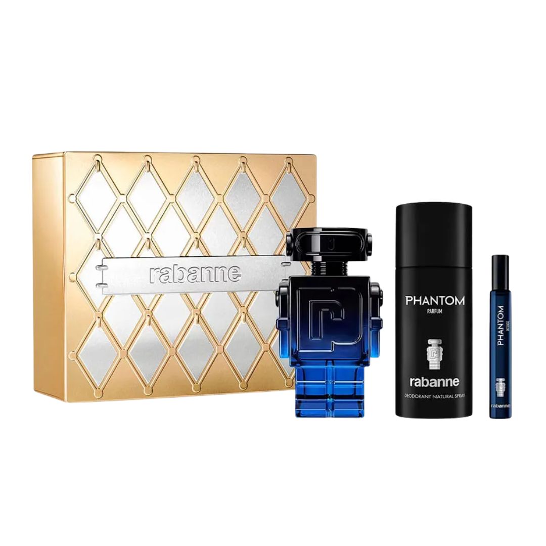 Rabanne Phantom EDP Intense 100ml 3pc Gift Set, a sleek black box containing the iconic 100ml robot bottle, a deodorant, and a 10ml travel spray, suggesting a powerful aromatic woody men's scent.