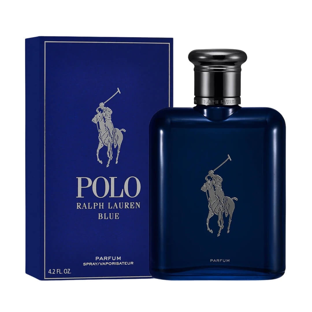 Ralph Lauren Polo Blue Parfum 125ml for Men at Gadgets Online NZ LTD - A luxurious navy blue bottle capturing the essence of modern masculinity with notes of Mandarin, Vetiver, and Patchouli.