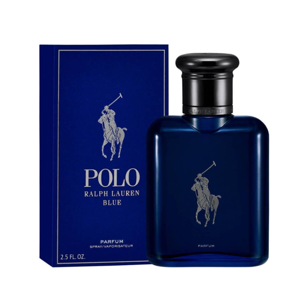 Ralph Lauren Polo Blue Parfum 75ml for Men at Gadgets Online NZ LTD - Experience a rich blend of Mandarin, Vetiver, and Patchouli in a luxurious navy blue bottle.