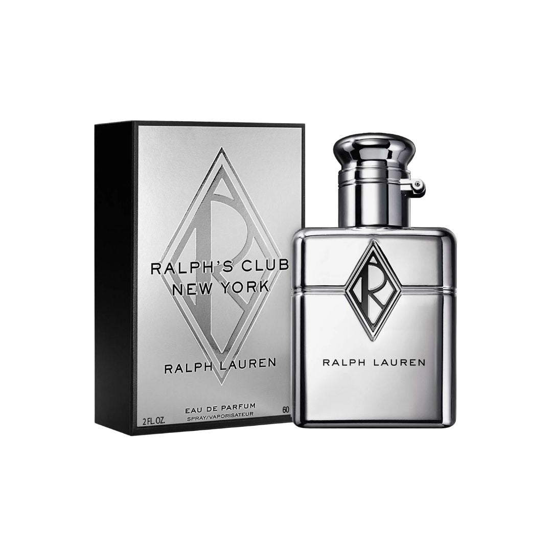 Ralph Lauren Ralph's Club New York EDP 60ml, a sleek black bottle with a silver hinge cap, suggesting a sophisticated, aromatic, and woody men's scent with vanilla and lavender notes.