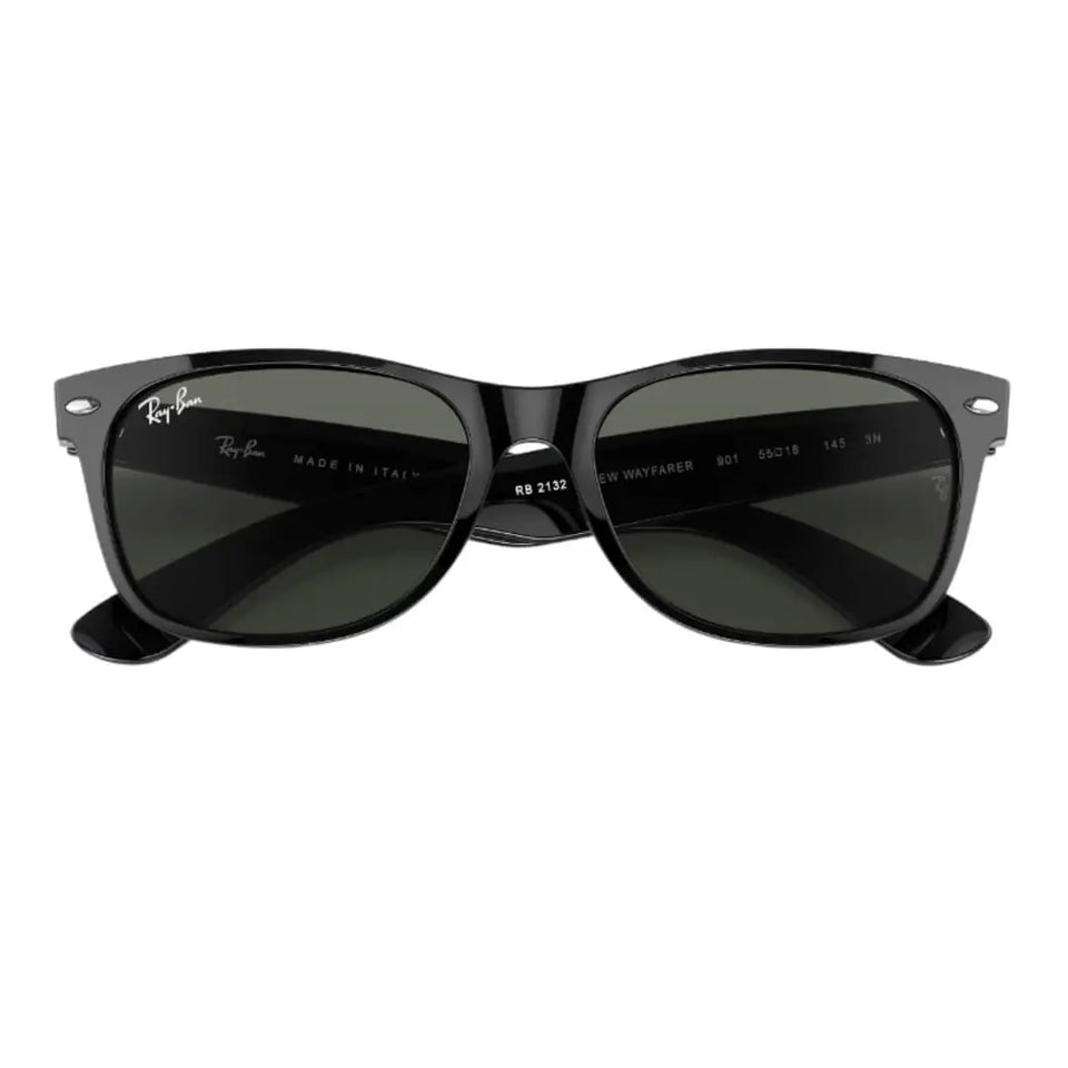 Ray-Ban New Wayfarer RB2132 901 - Black Frame with Green Lens Folded View