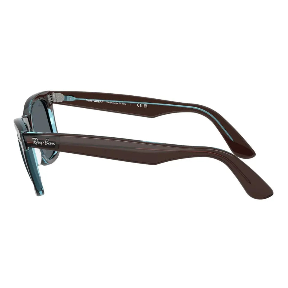 Side look of Ray-Ban RB2140 Original Wayfarer 1446R5 Brown sunglasses with a Ray-Ban logo on a white background