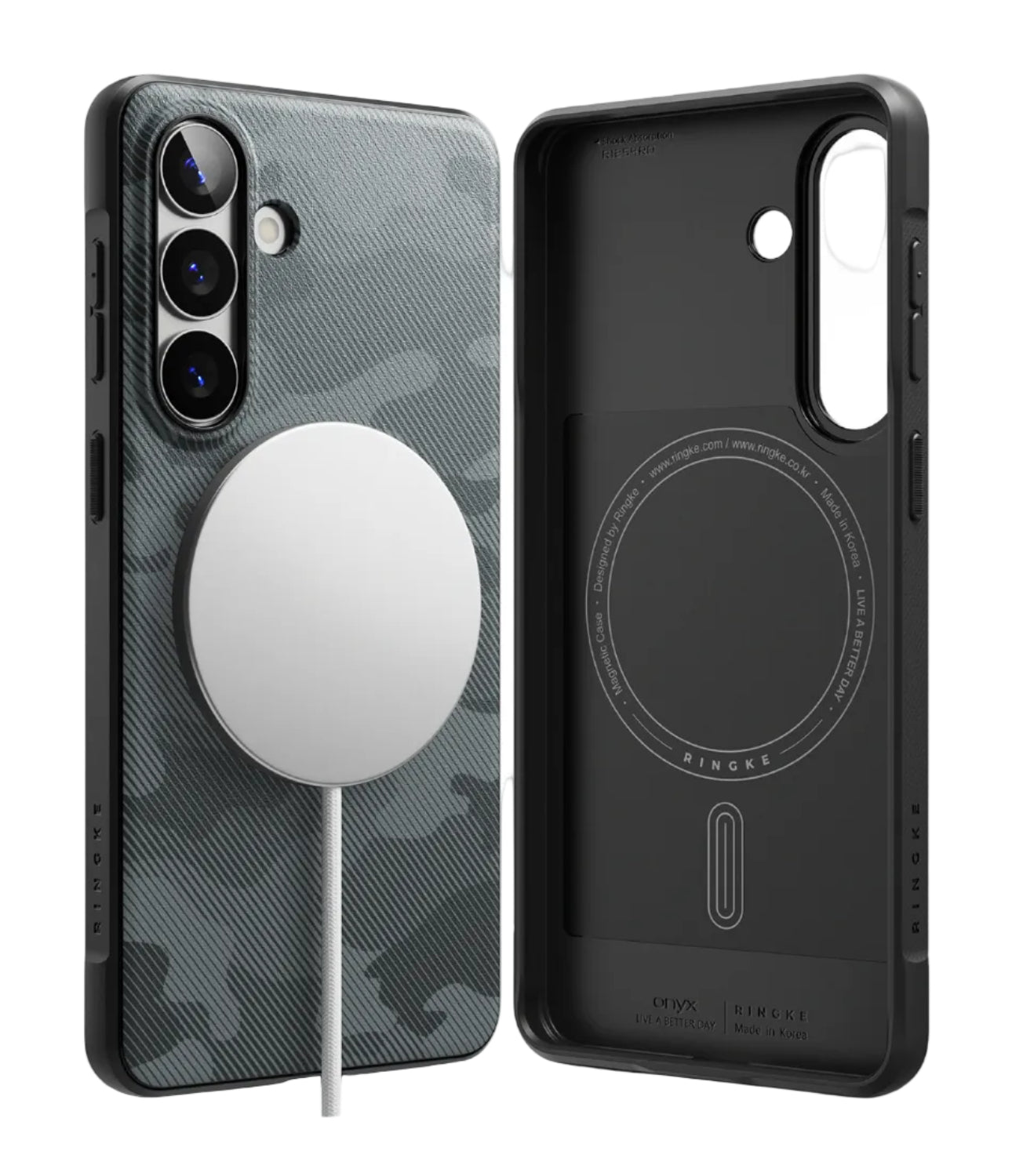 Ringke Galaxy S26 Onyx Magnetic Camo Black Case Phone case with a magnetic pop socket attachment on a white background