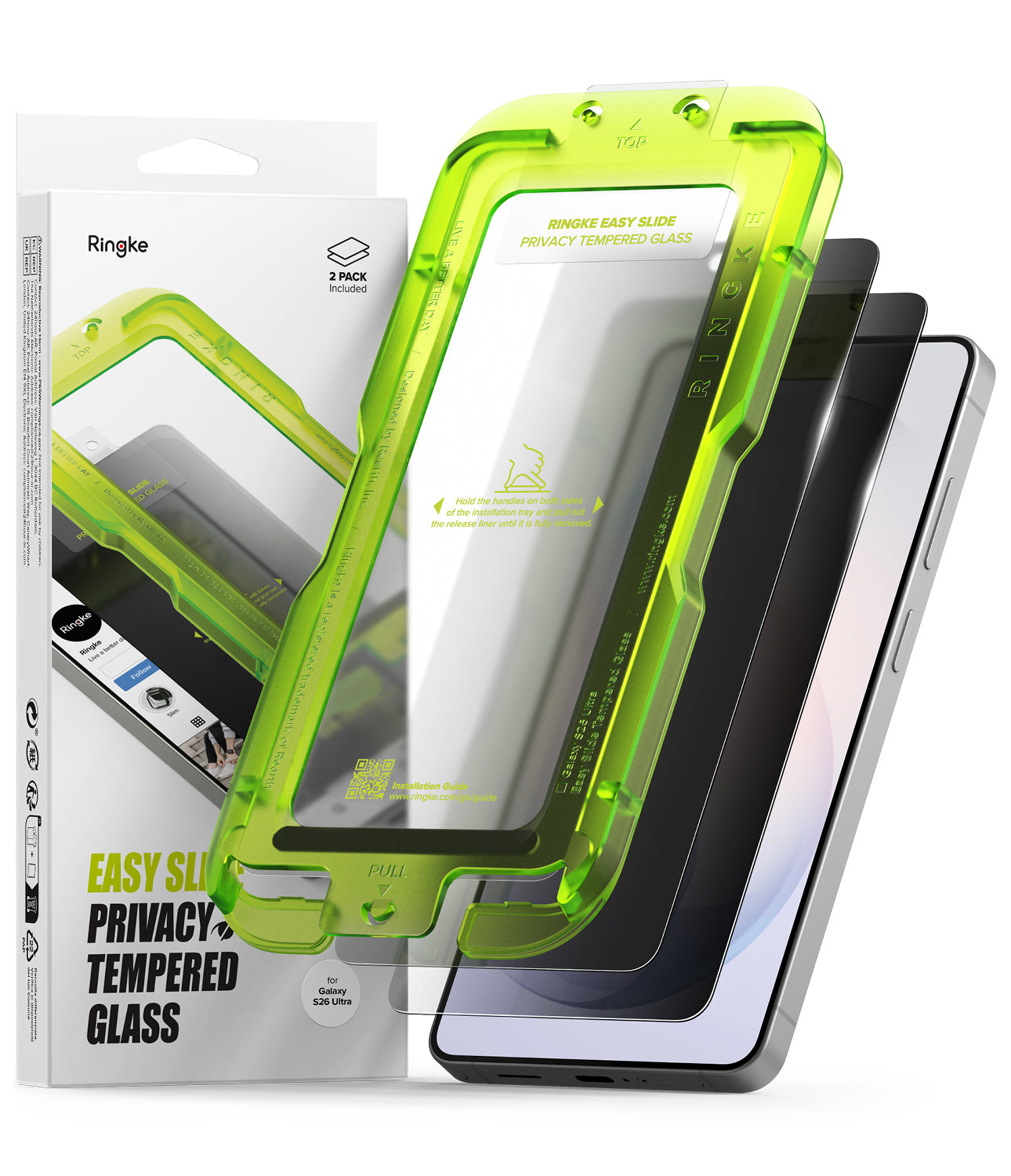 Ringke Galaxy S26 Ultra Easy Slide Privacy Glass 2 Pack with installation jig, available at Gadgets Online retail store.