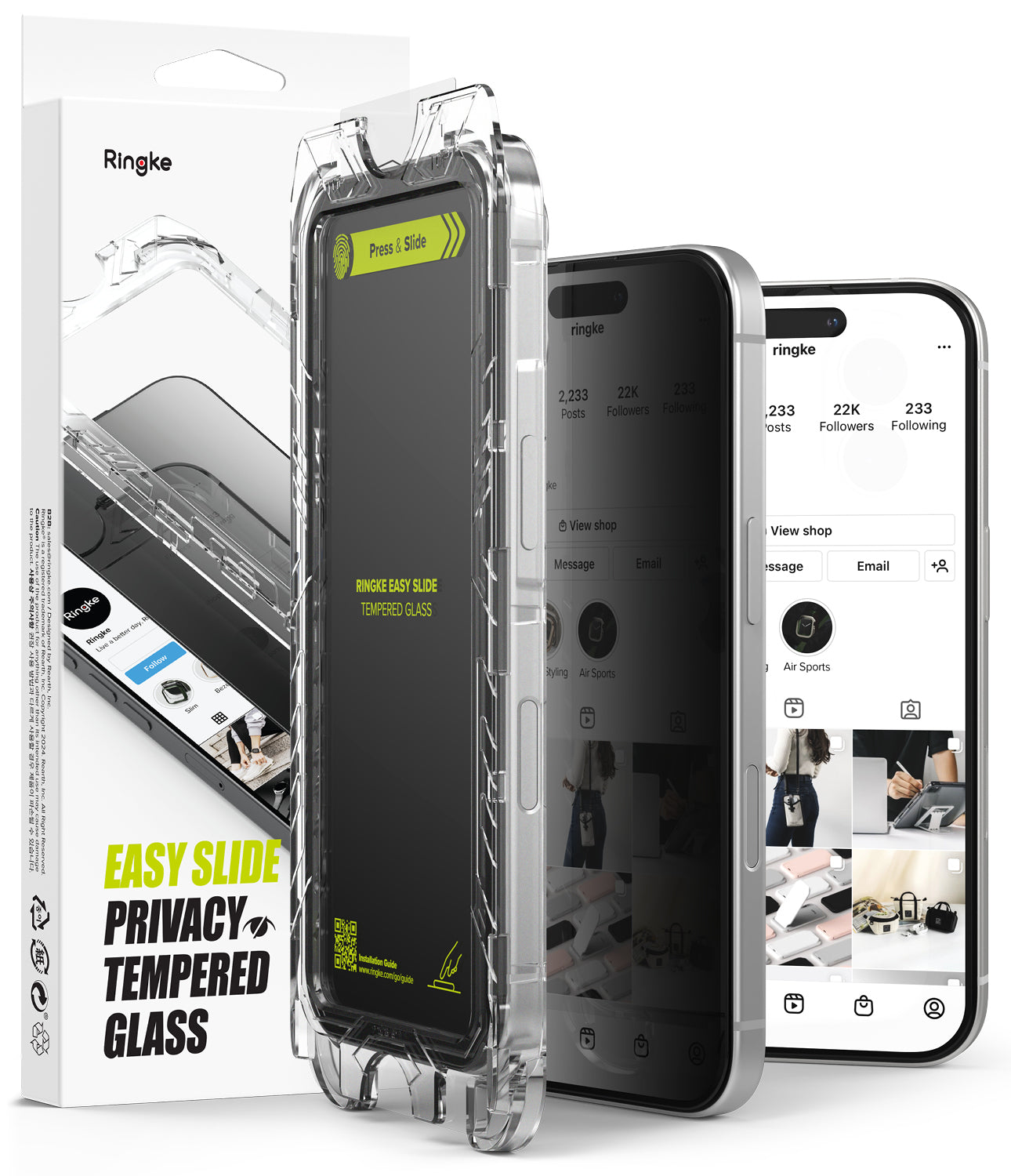 Ringke iPhone 16 Pro Easy Slide Privacy Glass 2 Pack from Gadgets Online, showing the anti-spy filter and installation tool.