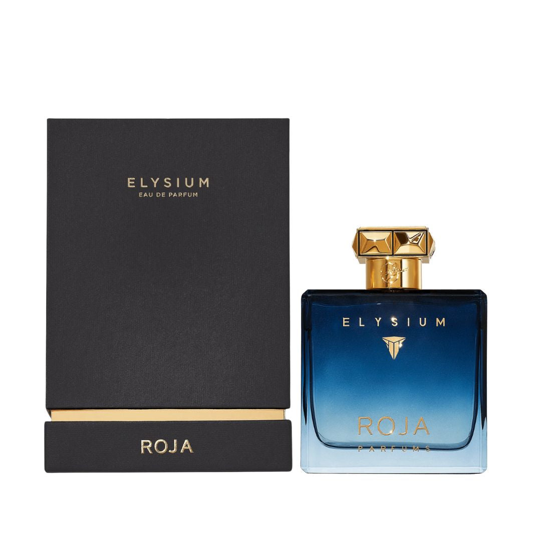 Roja Parfums Elysium 100ml EDP, a luxurious clear blue bottle with a gold plaque and gemstone cap, suggesting a vibrant, fresh, and complex aromatic masculine fragrance.