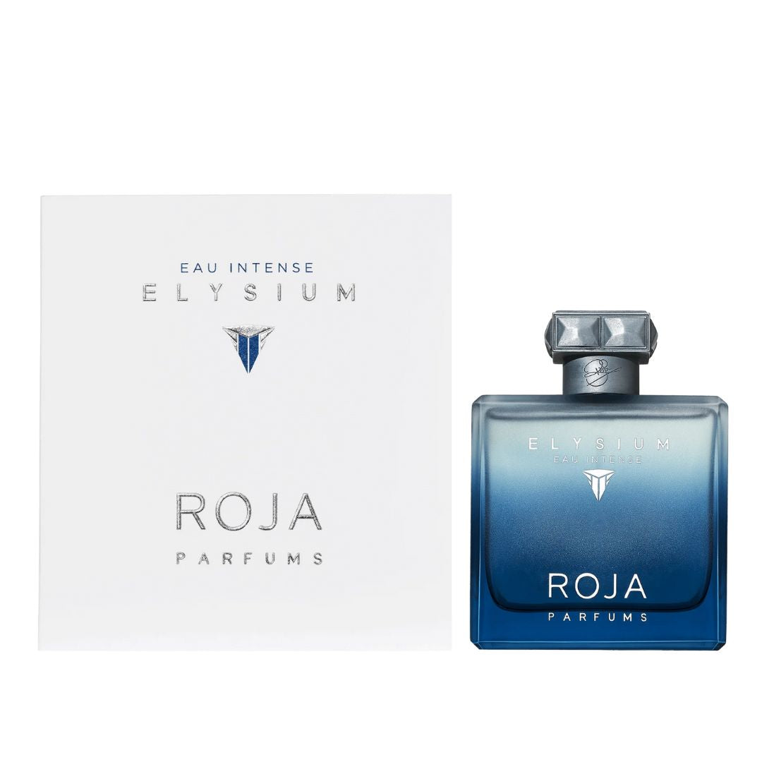 Roja Parfums Elysium Eau Intense 100ml EDP, a luxurious clear blue bottle with a gold plaque and gemstone cap, suggesting a vibrant, fresh, and complex aromatic unisex fragrance.