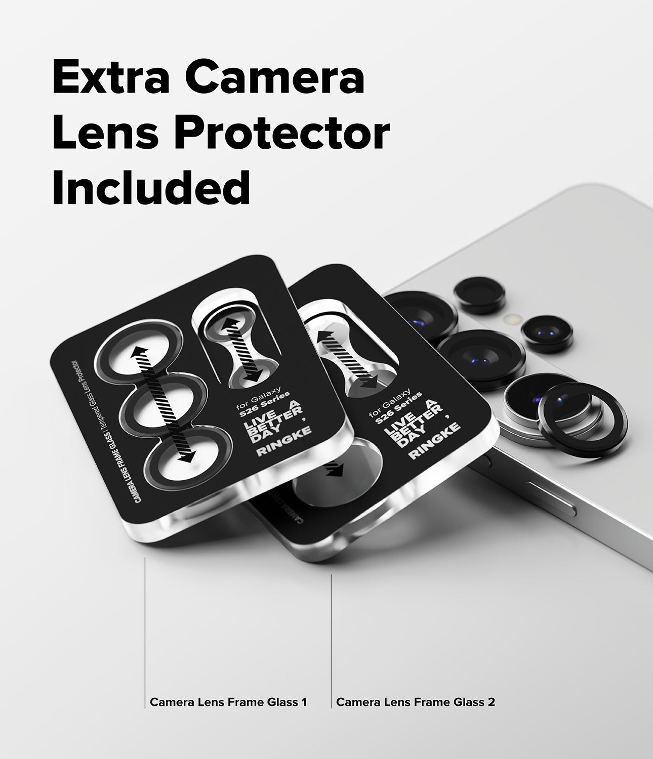 Camera lens protector packaging with two frames on a white background