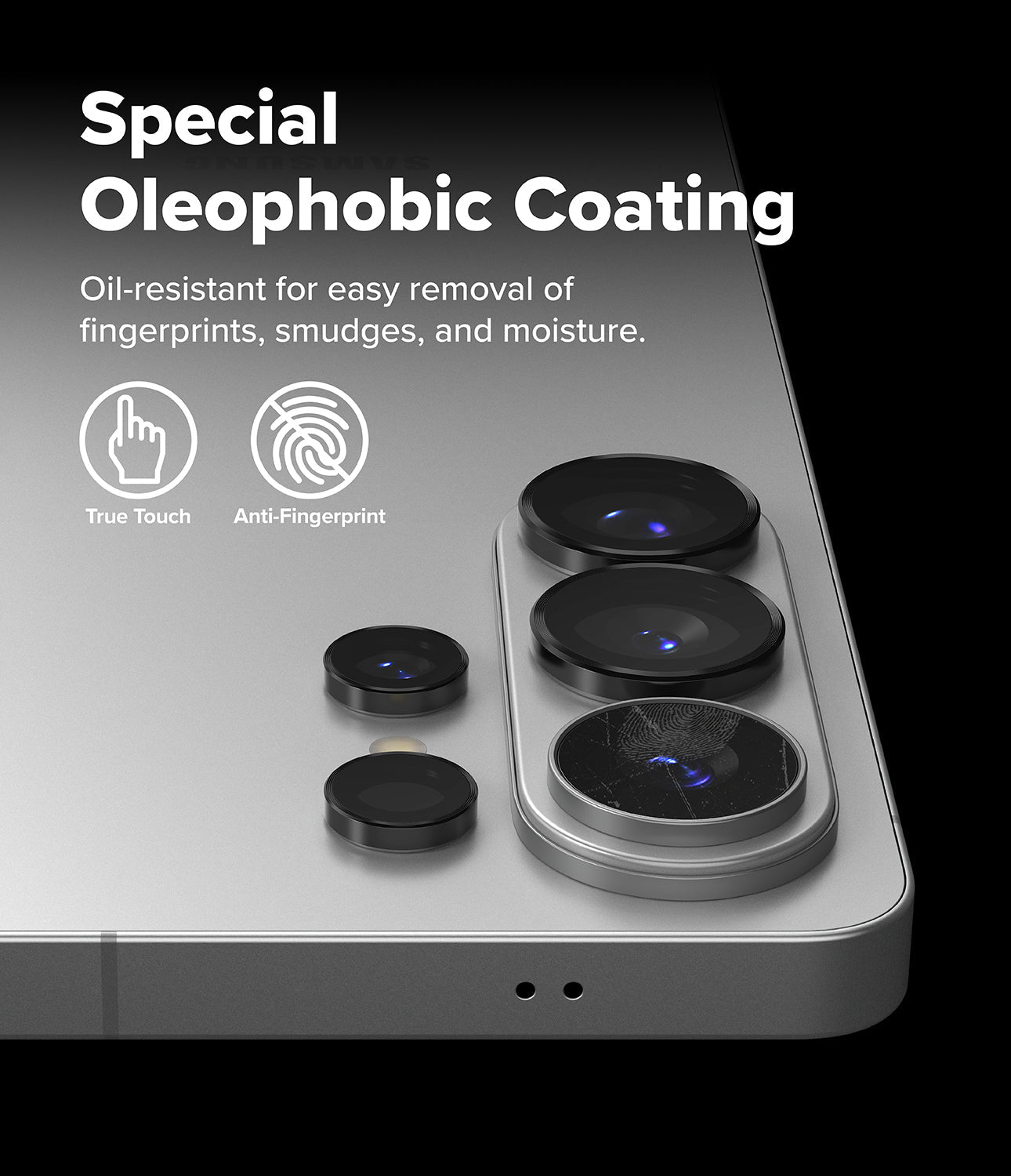 Smartphone with camera lens protector and text about oleophobic coating on a black background